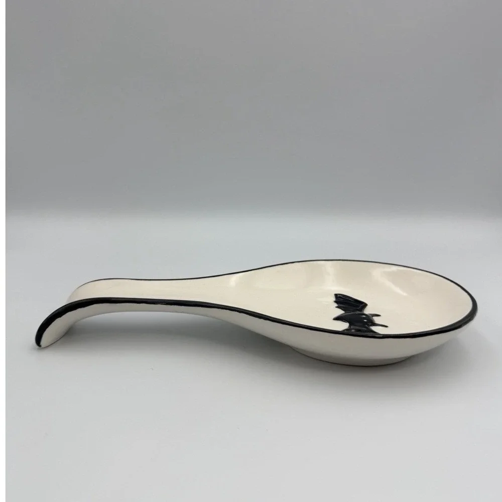 Halloween Bats Black White Ceramic Spoon Rest Spooky Fun 9.5
